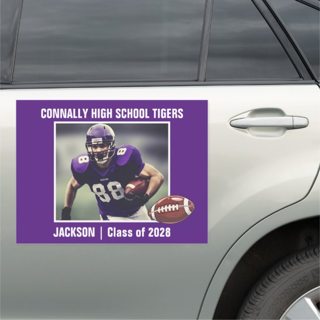 Purple High School Football Player Photo Large Car Magnet (In Situ)