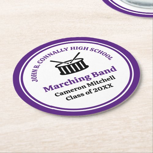 Purple High School Marching Band Graduation Party Round Paper Coaster