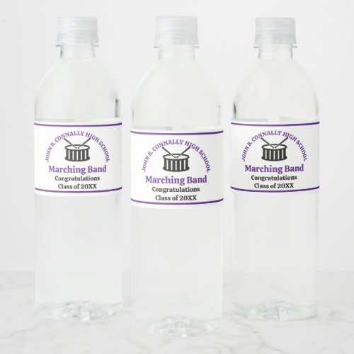 Purple High School Marching Band Graduation Party Water Bottle Label