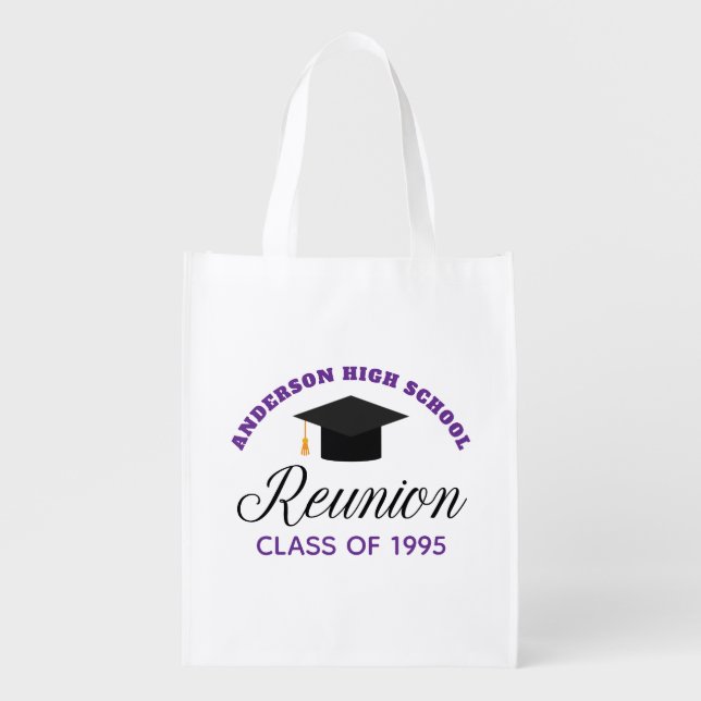 Purple High School Reunion Party Custom Alumni Grocery Bag (Front)