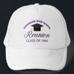 Purple High School Reunion Party Custom Alumni Trucker Hat<br><div class="desc">A classic custom class reunion hat for alumnus in purple and black typography for a high school,  college,  or university. Customize with your school name and graduating class for great personalized alumni celebration keepsake gifts.</div>