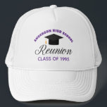 Purple High School Reunion Party Custom Alumni Trucker Hat<br><div class="desc">A classic custom class reunion hat for alumnus in purple and black typography for a high school,  college,  or university. Customize with your school name and graduating class for great personalized alumni celebration keepsake gifts.</div>