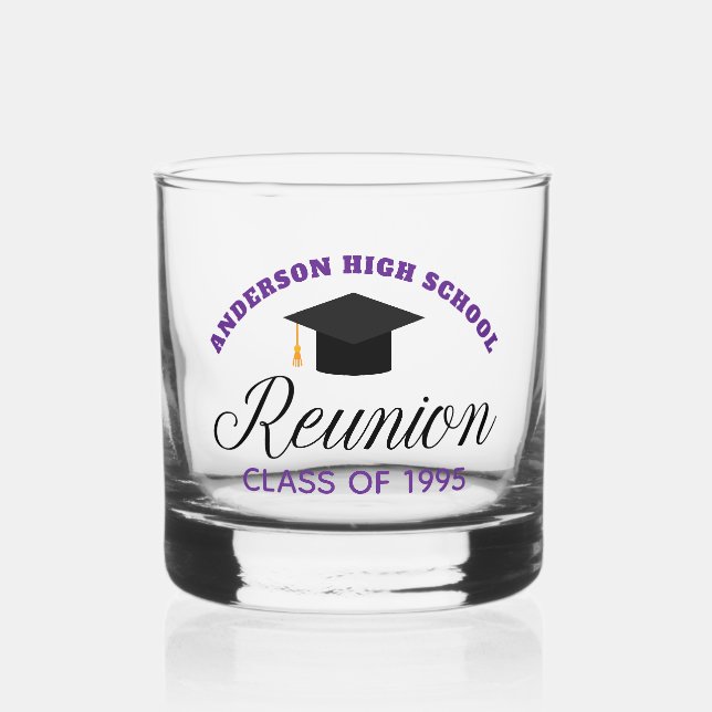 Purple High School Reunion Party Custom Alumni Whiskey Glass (Front)