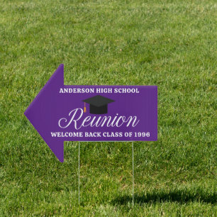 Purple High School Reunion Party Custom Arrow Yard Sign