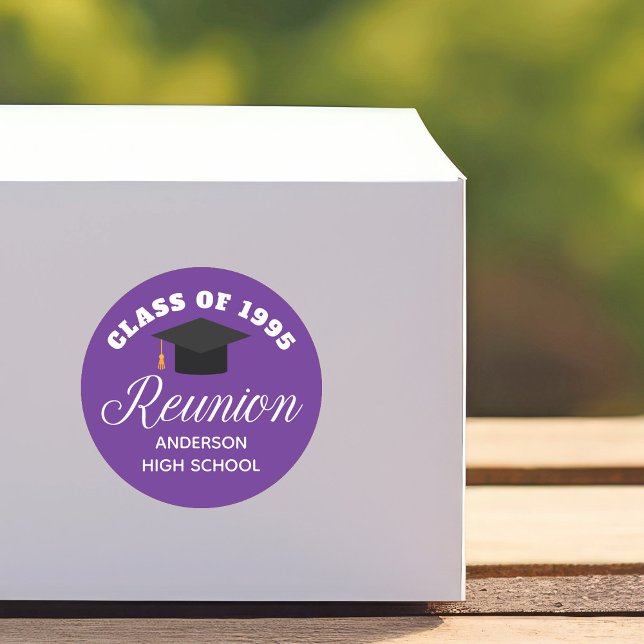 Purple High School Reunion Personalized Party Classic Round Sticker (Creator Uploaded)