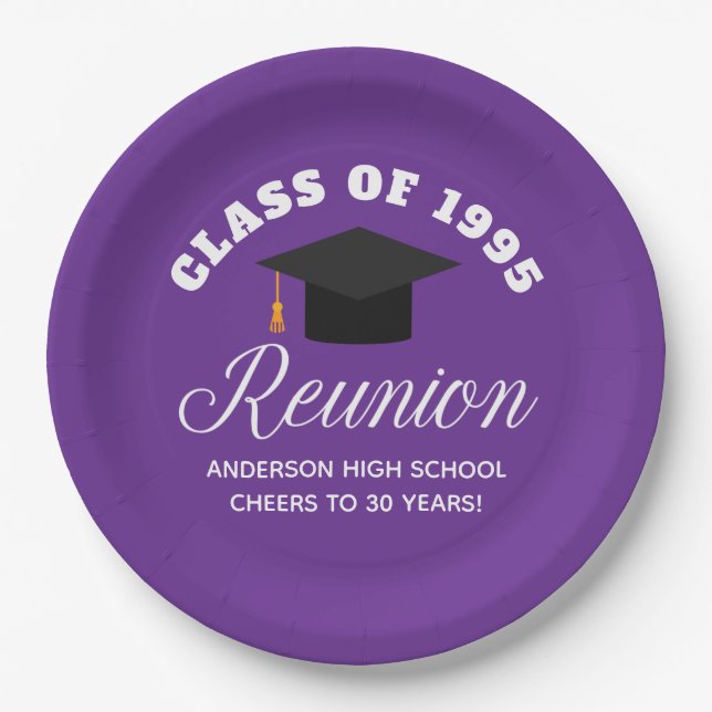 Purple High School Reunion Personalized Party Paper Plates (Front)