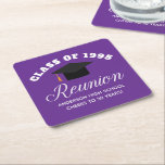 Purple High School Reunion Personalized Party Square Paper Coaster<br><div class="desc">A classy custom class reunion party paper coaster in purple and white for a high school,  college,  or university. Customize with your school name and graduating class under the elegant calligraphy for great personalized alumni celebration decor.</div>