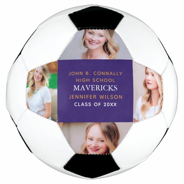 Purple High School Senior 4 Photo Personalized Soccer Ball (Front)