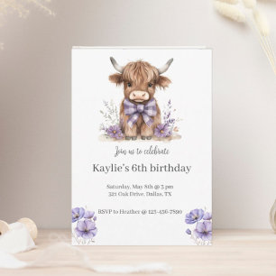 Purple Highland Cow Birthday Party Invitation