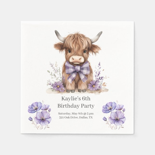 Purple Highland Cow Birthday Party Napkins (Front)