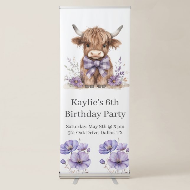 Purple Highland Cow Birthday Party Retractable Banner (Front)