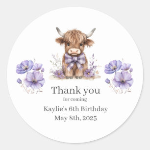 Purple Highland Cow Birthday Thank You Sticker