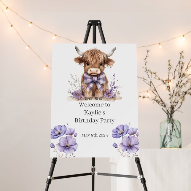 Purple Highland Cow Birthday Welcome Sign (In Situ (Stand))
