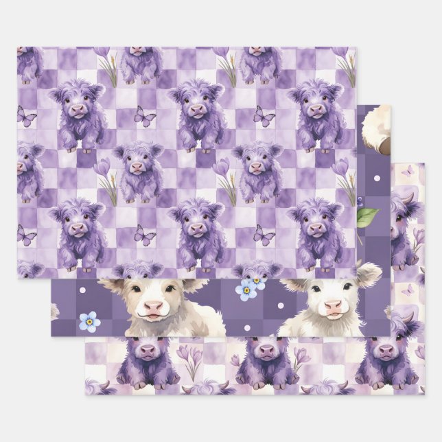 Purple Highland Cow Floral Checkered Wrapping Paper Sheets (Set)