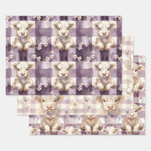 Purple Highland Cow Flowers Gingham Checkered Wrapping Paper Sheets