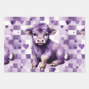 Purple Highland Cow Gingham Aesthetic Wrapping Paper Sheets