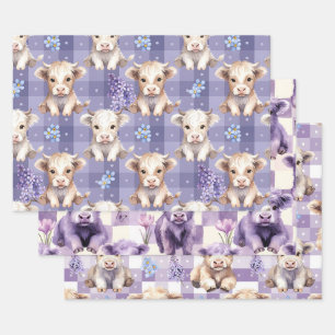 Purple Highland Cow Gingham Lilac Aesthetic Wrapping Paper Sheets