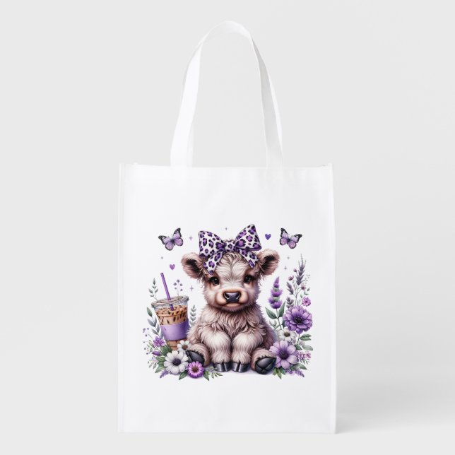 Purple Highland Cow Grocery Bag (Front)