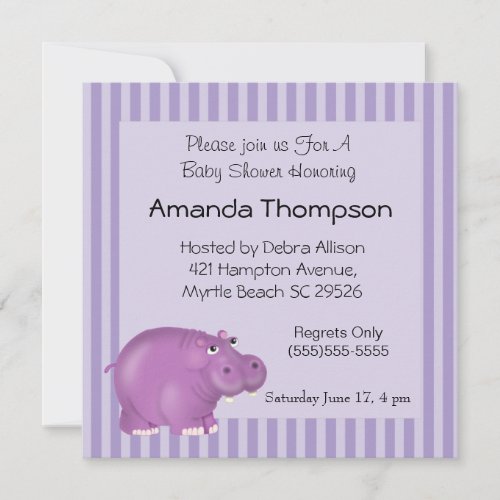Purple Hippo Baby Shower Invitations