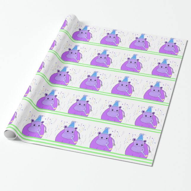 Purple Hippo Birthday Design Wrapping Paper (Unrolled)