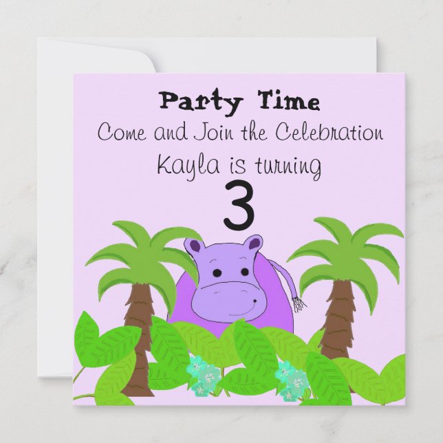 Purple Hippo Birthday Invitation (Front)