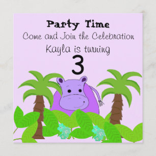 Purple Hippo Birthday Invitation
