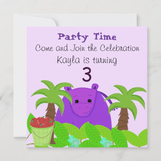 Purple Hippo Birthday Invitation (Front)