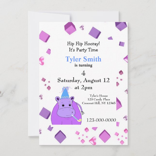 Purple Hippo Party Invitation (Front)
