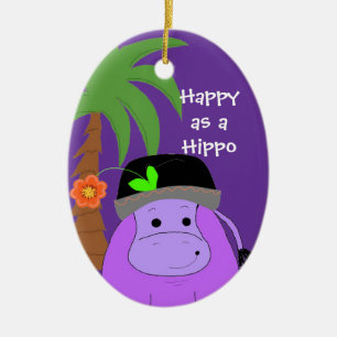 Purple Hippopotamus with a Palm Tree Ceramic Ornament