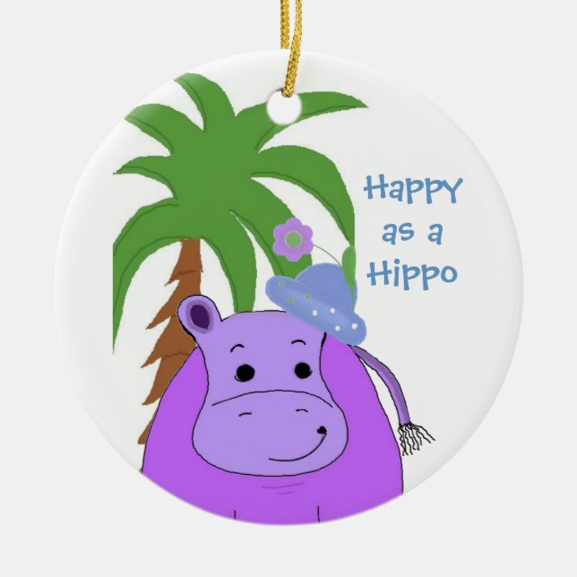 Purple Hippopotamus with a Palm Tree Ceramic Ornament (Front)