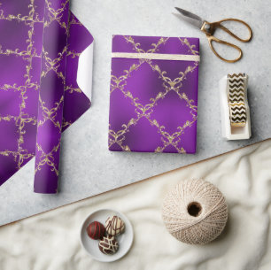 Purple Holiday Gold Glitter Damask Gift Wrapping Paper