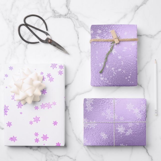 Purple Holiday Snowflakes Christmas Wrapping Paper Sheets (Front)