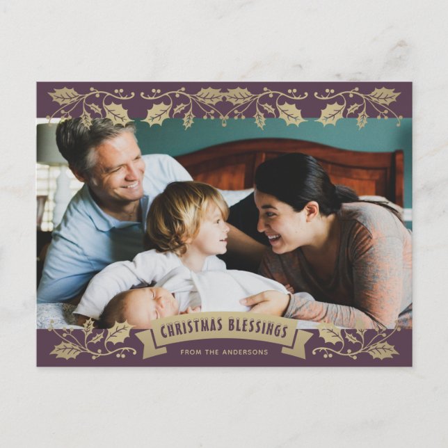 Purple Holly Religious Christian Photo Christmas Holiday Postcard (Front)