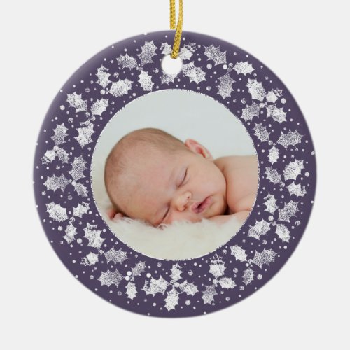 Purple Holly Wreath Babys First Christmas Photo Ceramic Ornament