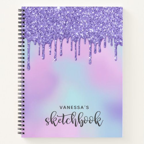 Purple Holographic Glitter Drips Artist Sketchbook Notebook