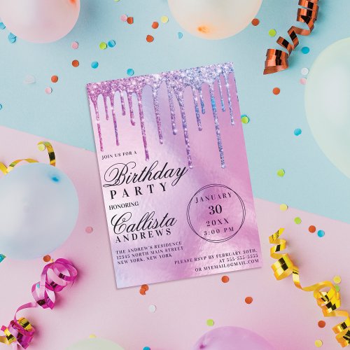 Purple Holographic Glitter Drips Birthday Invitation