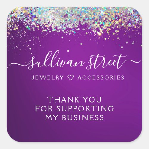 Purple Holographic Glitter Jewelry Thank You  Square Sticker