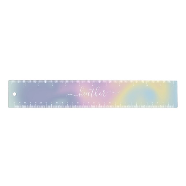 Purple Holographic Gradient Ombré Elegant Script R Ruler (Front)
