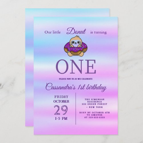 Purple HolographicSweet Donut 1st Birthday Invitation