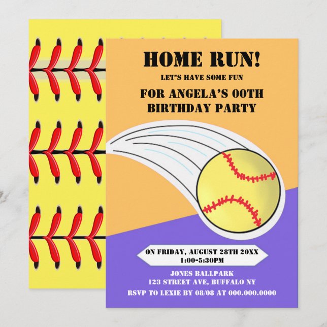 Purple Home Run Softball Birthday Party  (Front/Back)