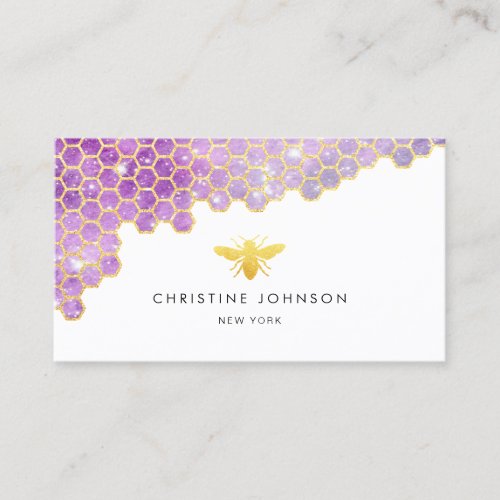 purple honeycomb and faux glitter bee business card