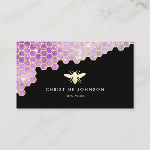 purple honeycomb and faux glitter bee logo business card