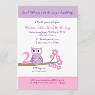 Purple Hoot Owl Girl Birthday Invitation (Any Age)