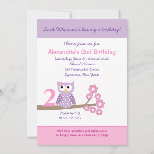 Purple Hoot Owl Girl Birthday Invitation (Any Age)