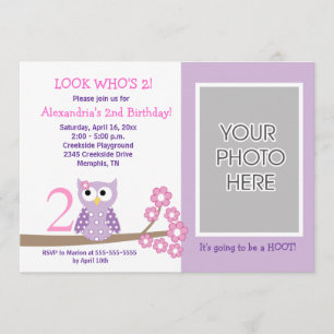 Purple Hoot Owl *PHOTO* Birthday 5x7 Invitation