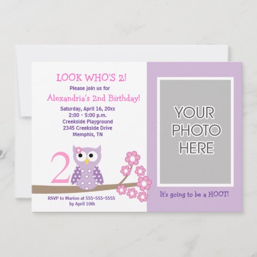 Purple Hoot Owl PHOTO Birthday 5x7 Invitation