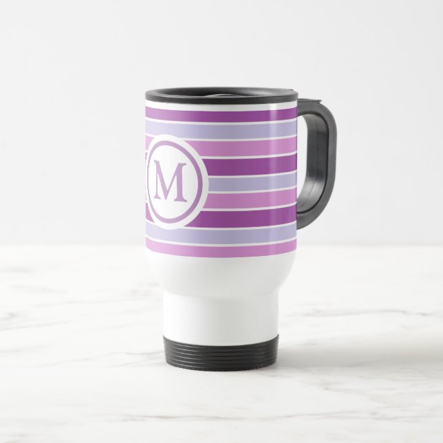 Purple Horizontal Stripes Monogram Travel Mug (Front Right)