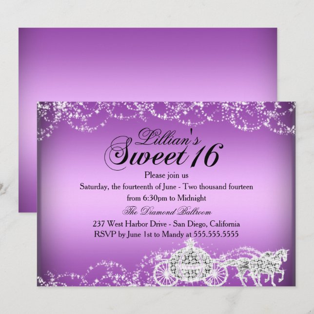 Purple Horse Carriage Princess Sweet 16 Invite (Front/Back)