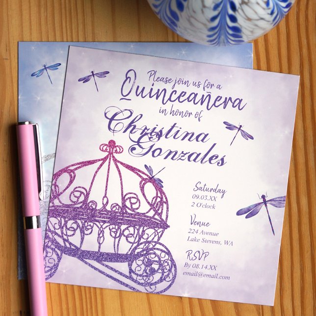 Purple Horse Carriage Quinceañera Invitation (Purple horse carriage quinceanera princess invitations)