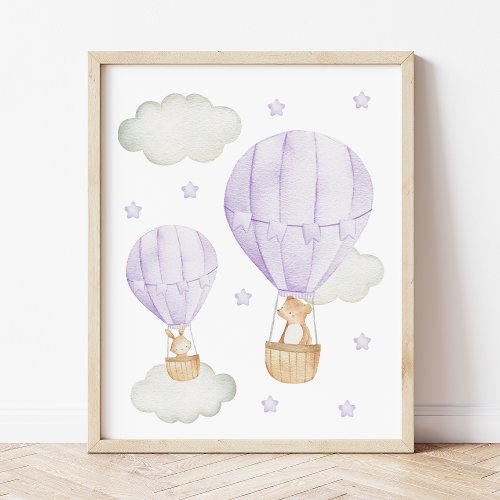 Purple Hot Air Balloon Animals Bear Bunny Photo Print